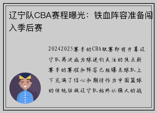 辽宁队CBA赛程曝光：铁血阵容准备闯入季后赛